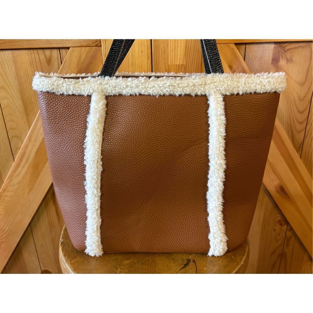 ANNE Klein Women Camel color Faux leather Faux Shearing Small Totes Bag handbag - Picture 4 of 13